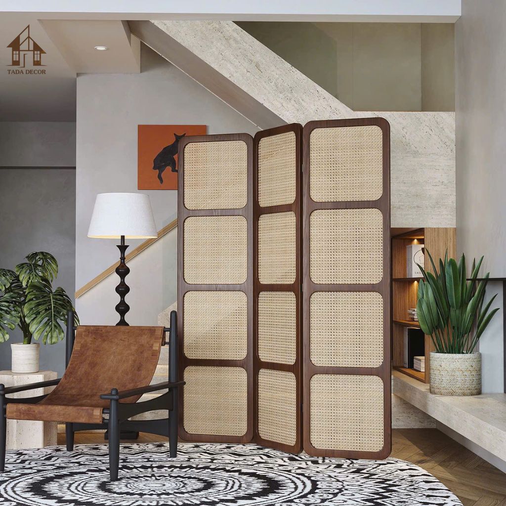 Vách mây mắt cáo chia phòng nhỏ phong cách hiện đại, khung gỗ vân sồi