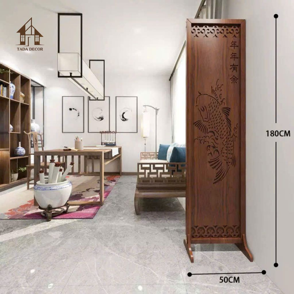 Thiết kế vách bình phong cá chép TADA Vietnam với đường nét uốn lượn mềm mại, sắc nét.