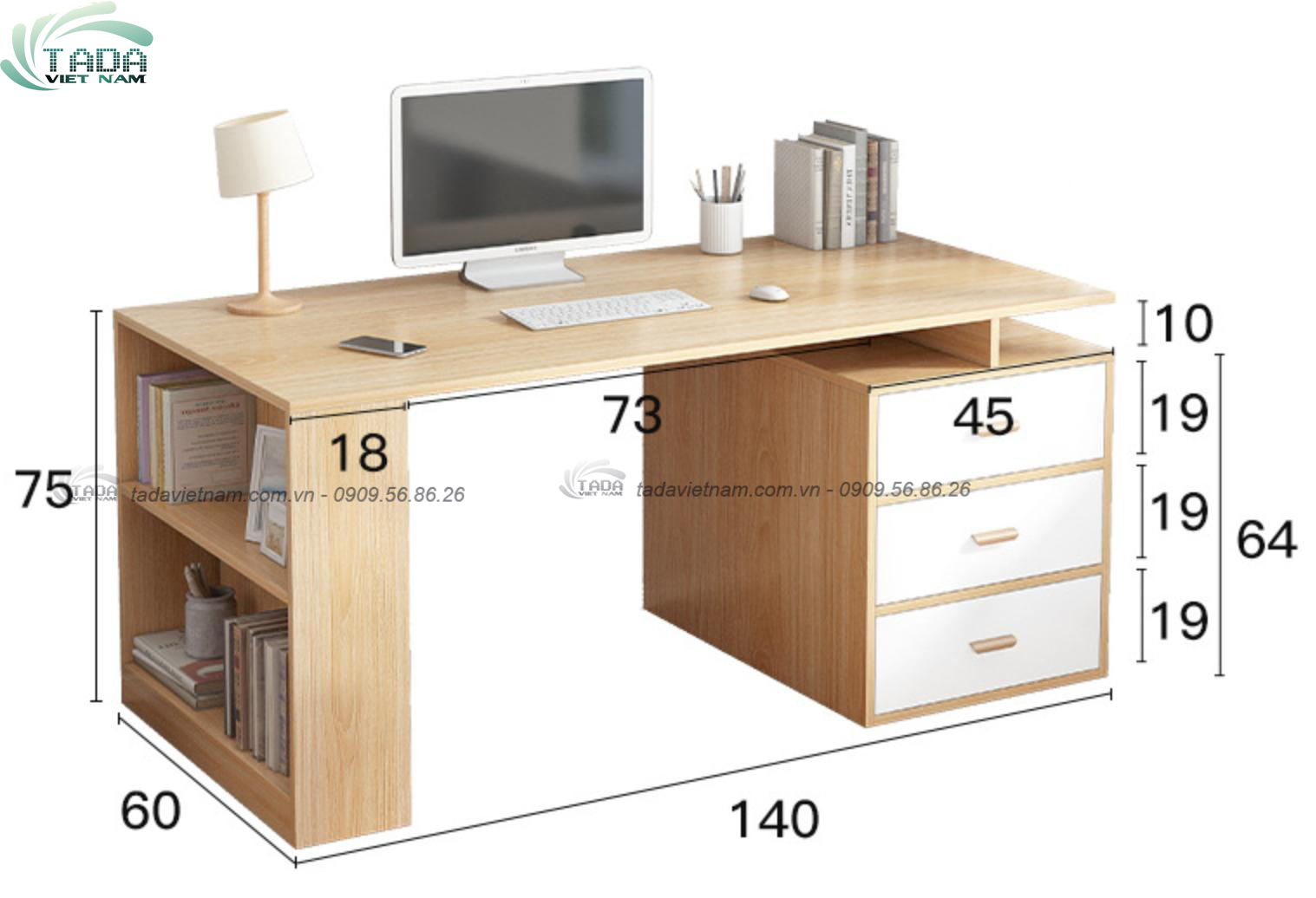 Bàn học kết hợp với tủ sách chân bàn ,chất liệu gỗ MDF thương hiệu TADA VIỆT NAM- TDBH18