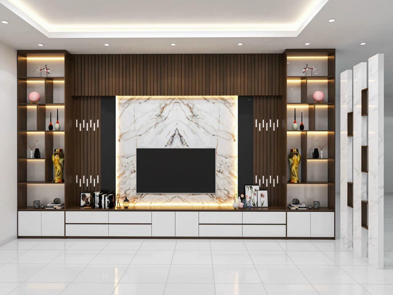 Kệ TV kết hợp mảng tường tạo ra một không gian sống phong cách và hài hòa