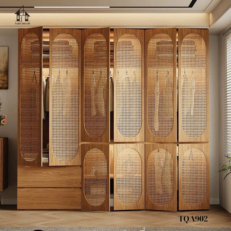 Tủ quần áo MDF phối cánh mây TQA902 thiết kế hiện đại