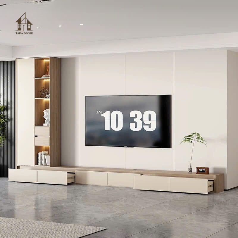 Kệ tivi liền tủ phòng khách CBPK090 tone trắng đen tối giản