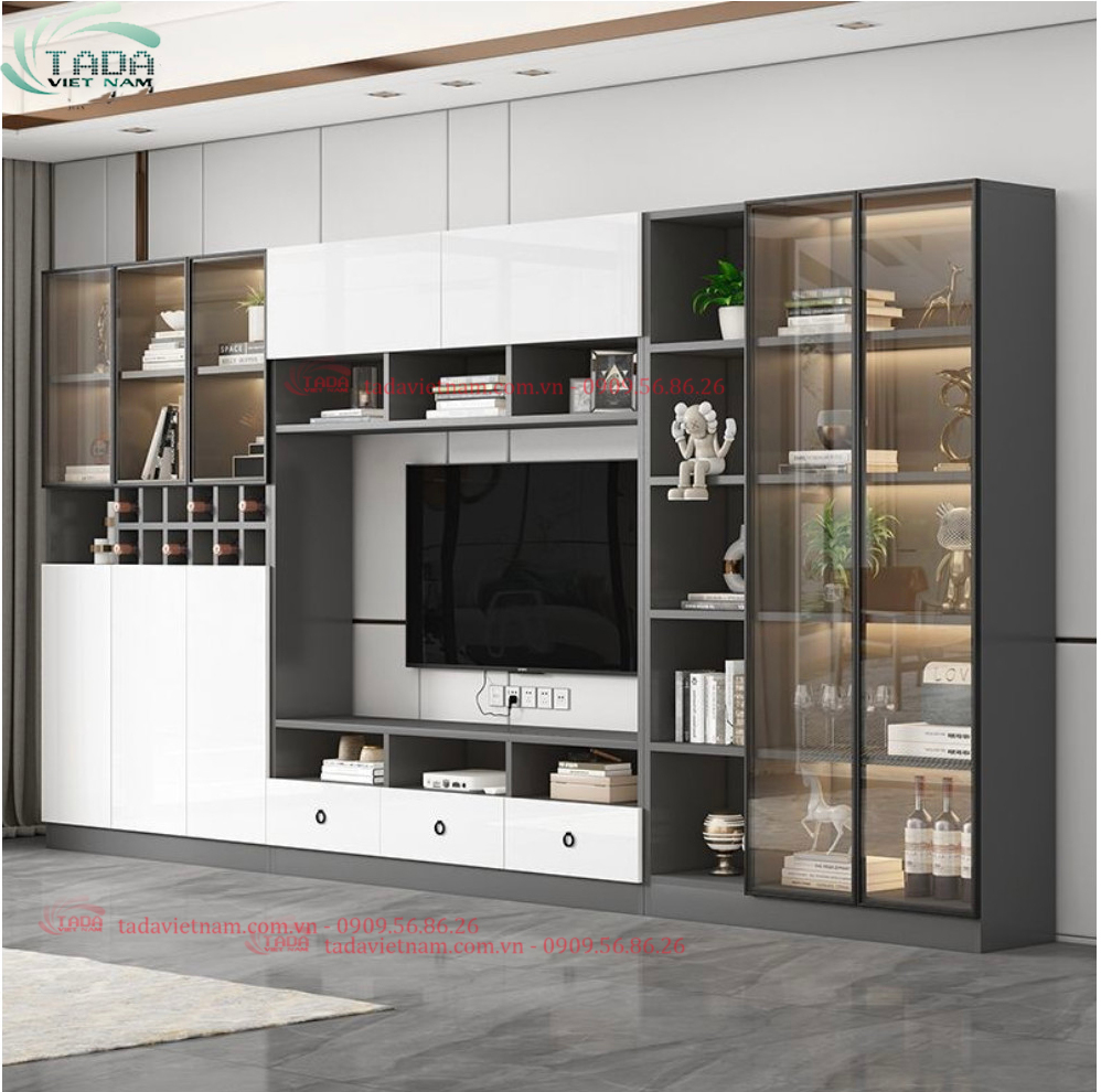TỦ RƯỢU KẾT HỢP LED KHUNG GỖ CÁNH KÍNH PHÒNG KHÁCH SANG TRỌNG TDTR4