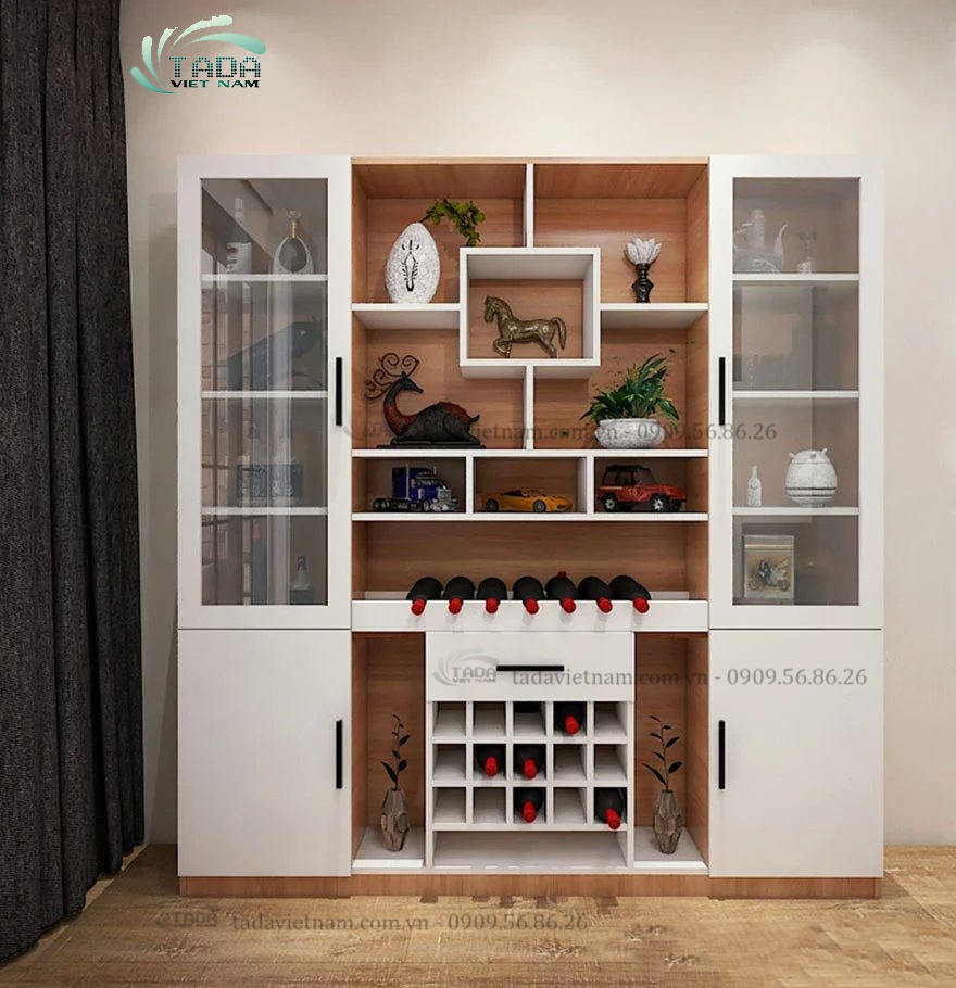 TỦ RƯỢU KẾT HỢP LED KHUNG GỖ CÁNH KÍNH PHÒNG KHÁCH SANG TRỌNG TDTR1
