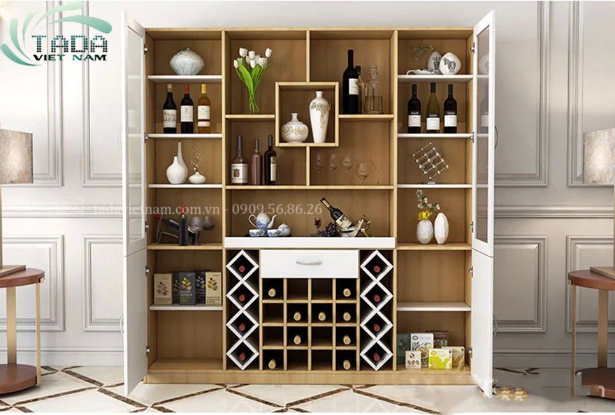 TỦ RƯỢU KẾT HỢP LED KHUNG GỖ CÁNH KÍNH PHÒNG KHÁCH SANG TRỌNG TDTR1