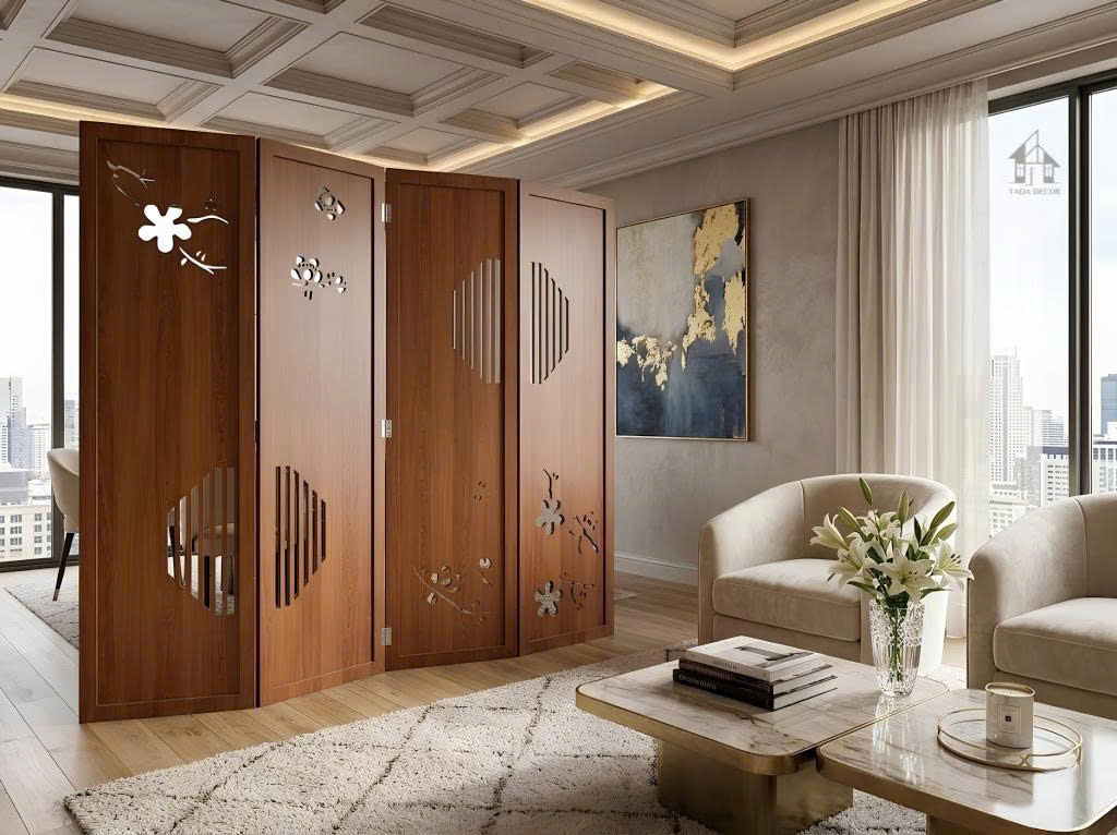 bình phong gỗ phòng khách hoa văn cnc đẹp