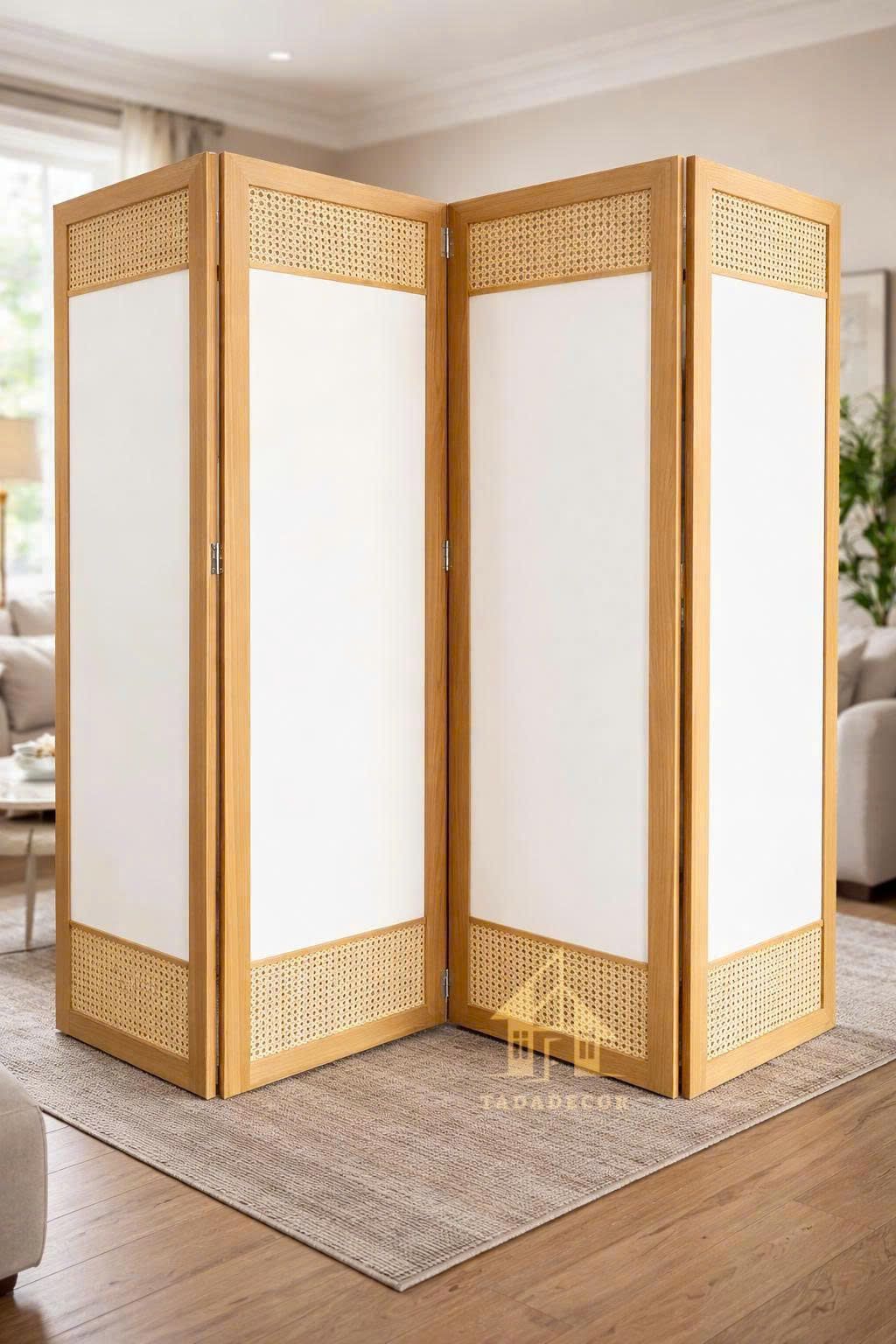 vách ngăn bình phong di động gỗ phối mây trang trí nội thất đẹp