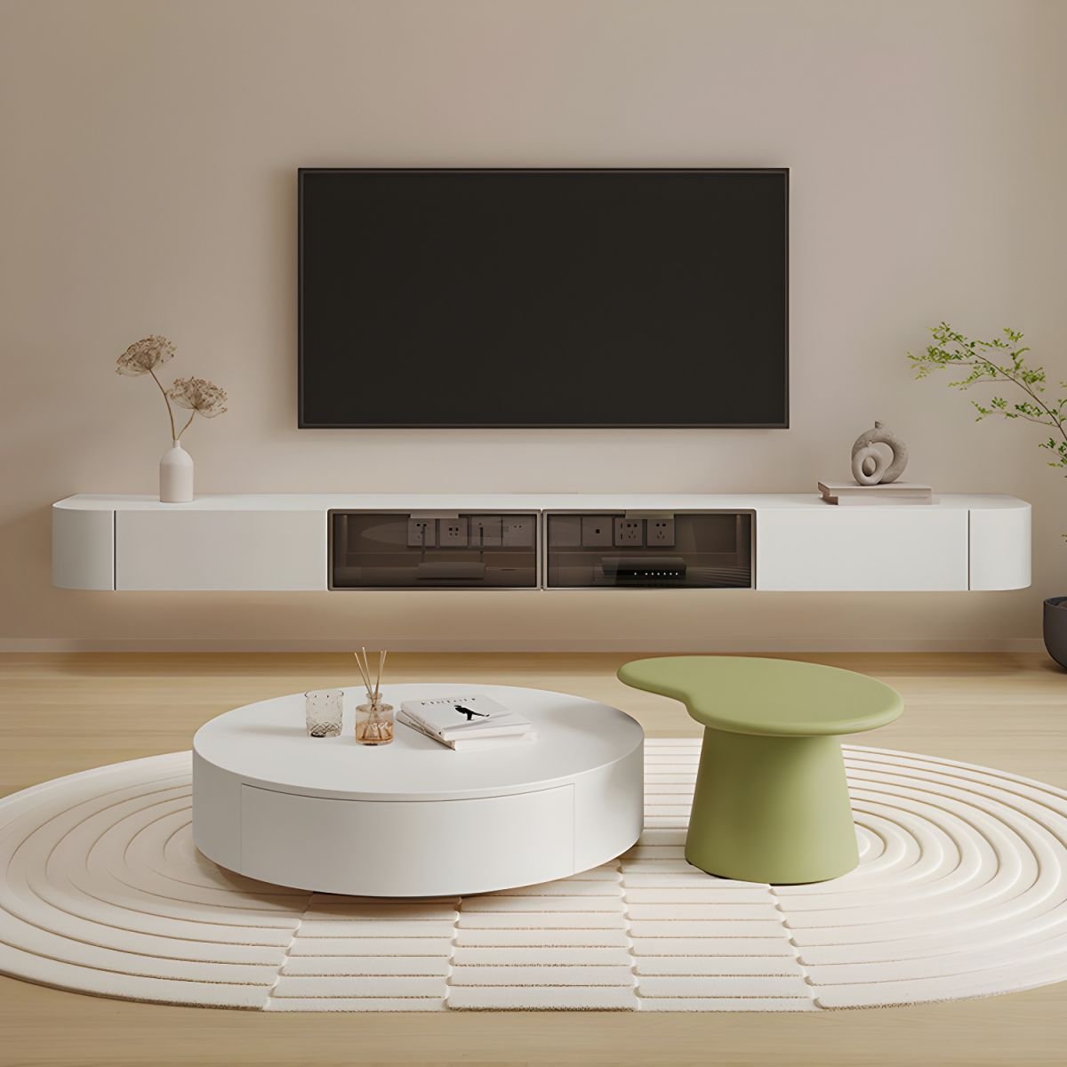 Kệ tivi treo tường tiết kiệm diện tích tạo điểm nhấn cho phòng khách với thiết kế hiện đại và sang trọng