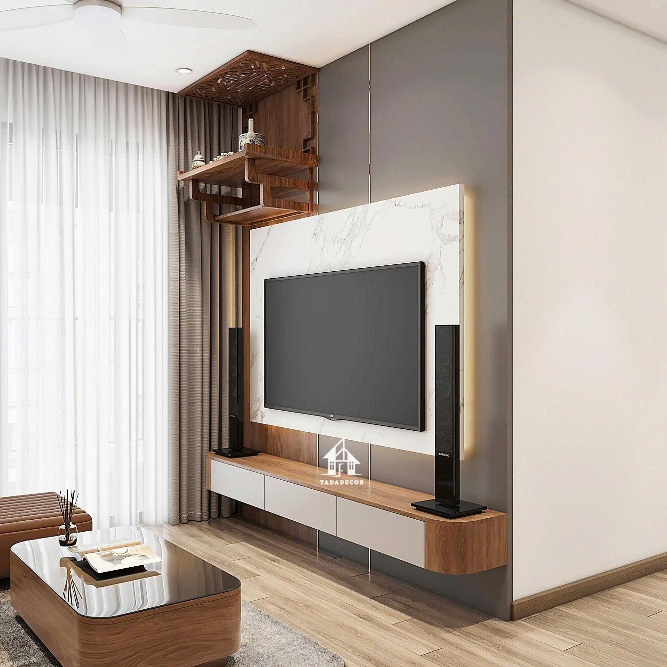 mẫu kệ tivi treo tường bằng gỗ sang trọng cho chung cư