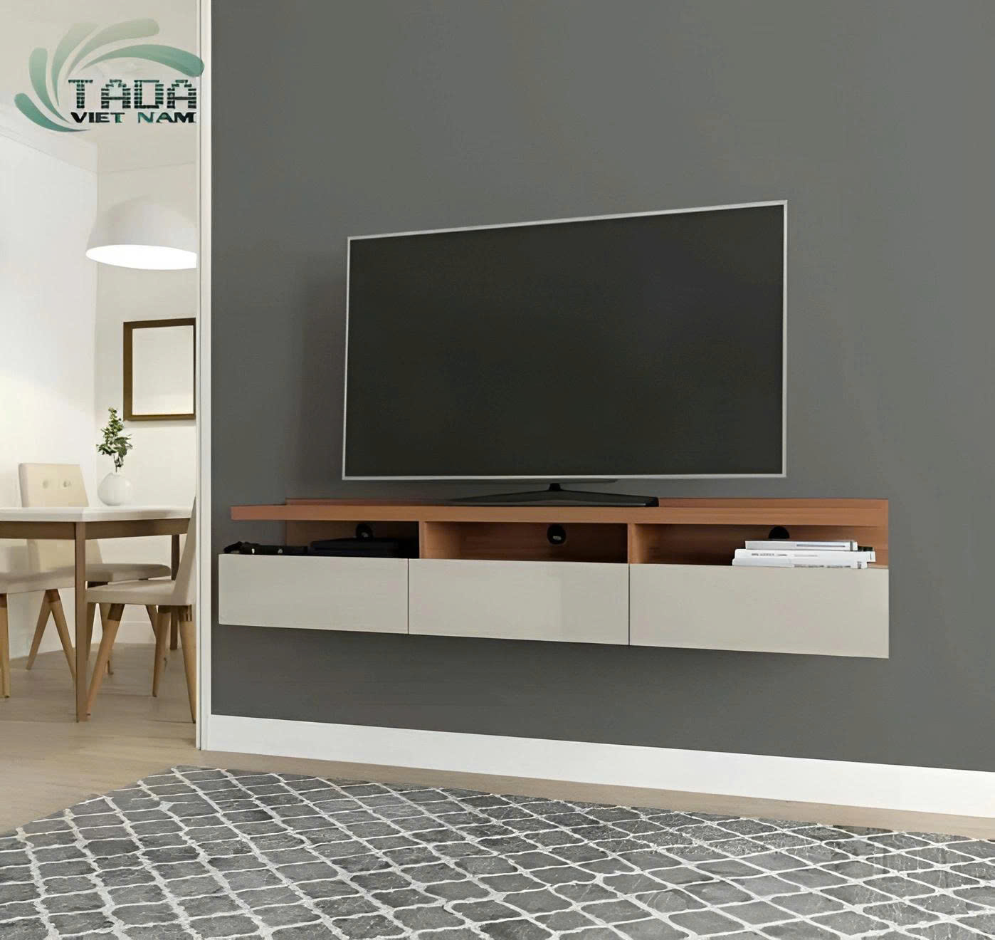 mẫu kệ tivi treo tường phòng khách hiện đại đẹp 2026