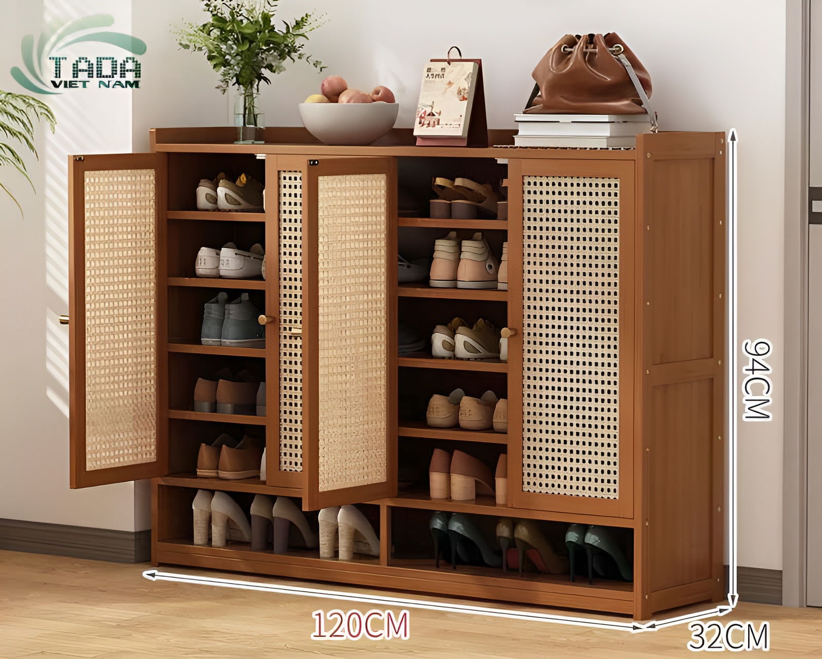 Tủ giày gỗ mây mắt cáo - Giải pháp lưu trữ giày dép hiệu quả và thẩm mỹ, TaDa Việt Nam TDTG19