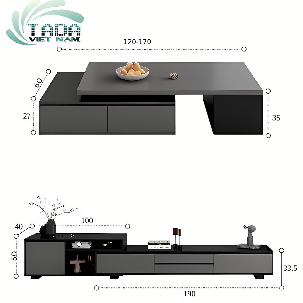 Chi tiết kích thước kệ tivi để sàn và bàn trà TDTV80