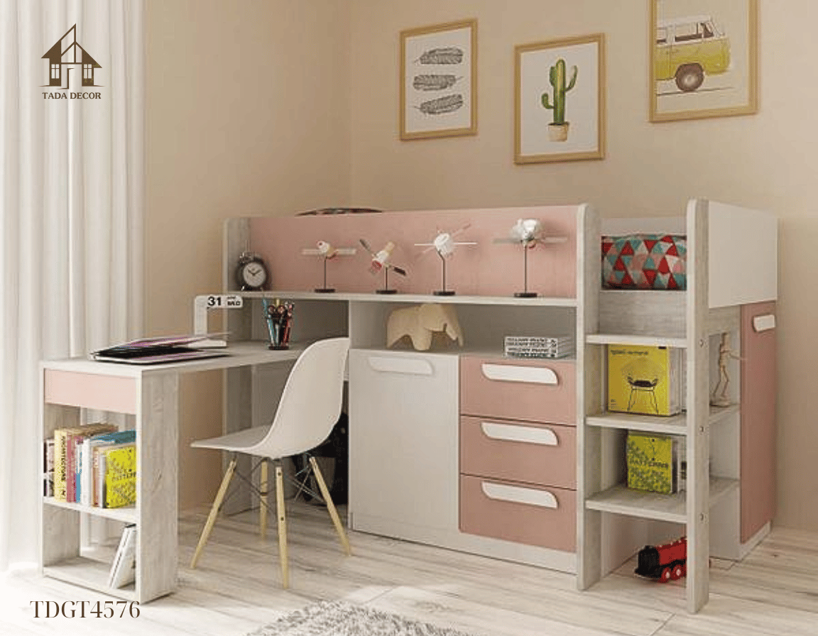 Giường tầng gỗ người lớn TDGT4576 kết hợp bàn học tiện ích