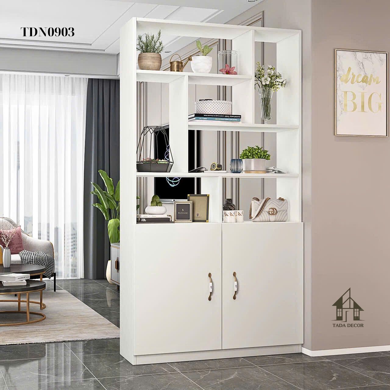 Tủ đa năng TDN0903 màu trắng hiện đại phối kệ trưng bày trang trí sang trọng