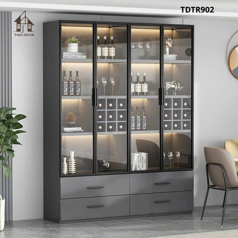 Tủ đựng rượu vang TDTR902 thiết kế hiện đại khung gỗ cánh kính