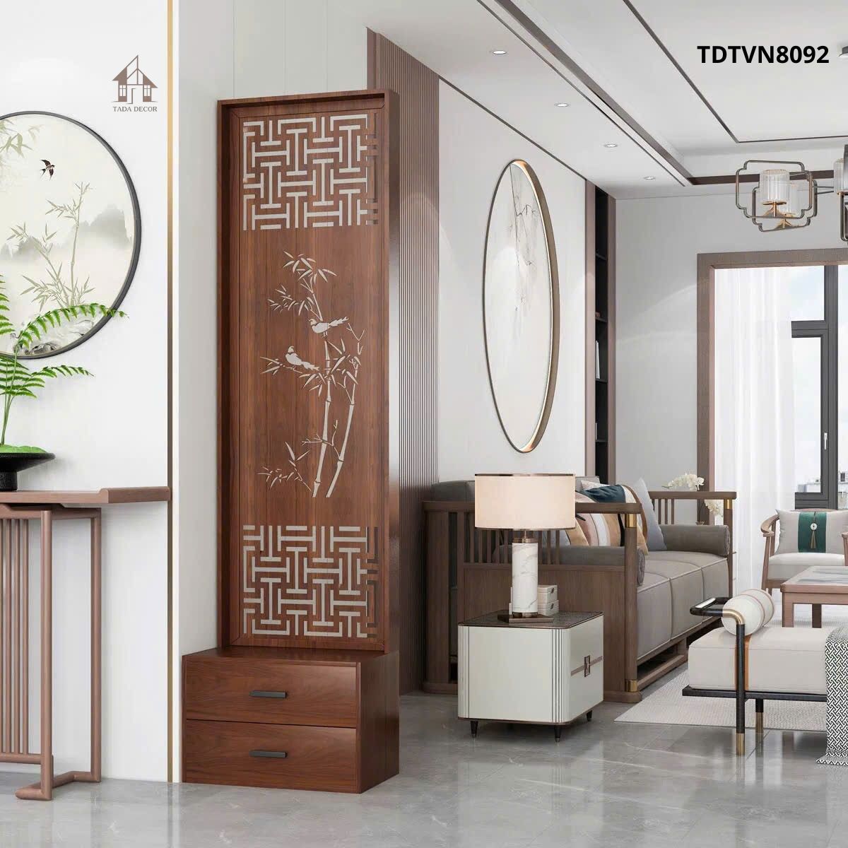 Tủ vách ngăn phòng khách TDTVN8092 bằng gỗ MDF hoa văn CNC hiện đại