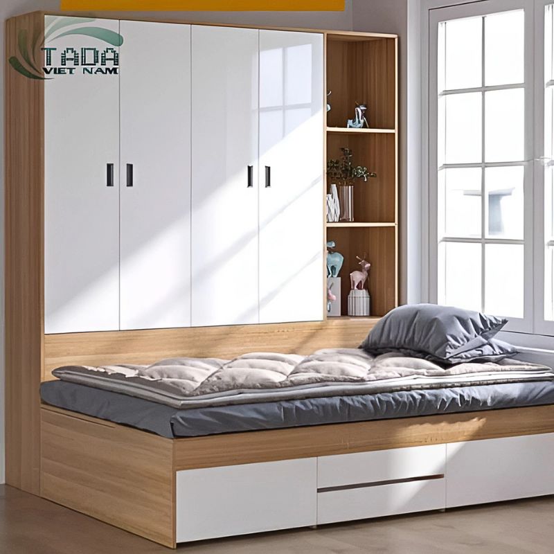 Giường ngủ liền tủ gỗ công nghiệp màu sáng cho căn hộ chung cư