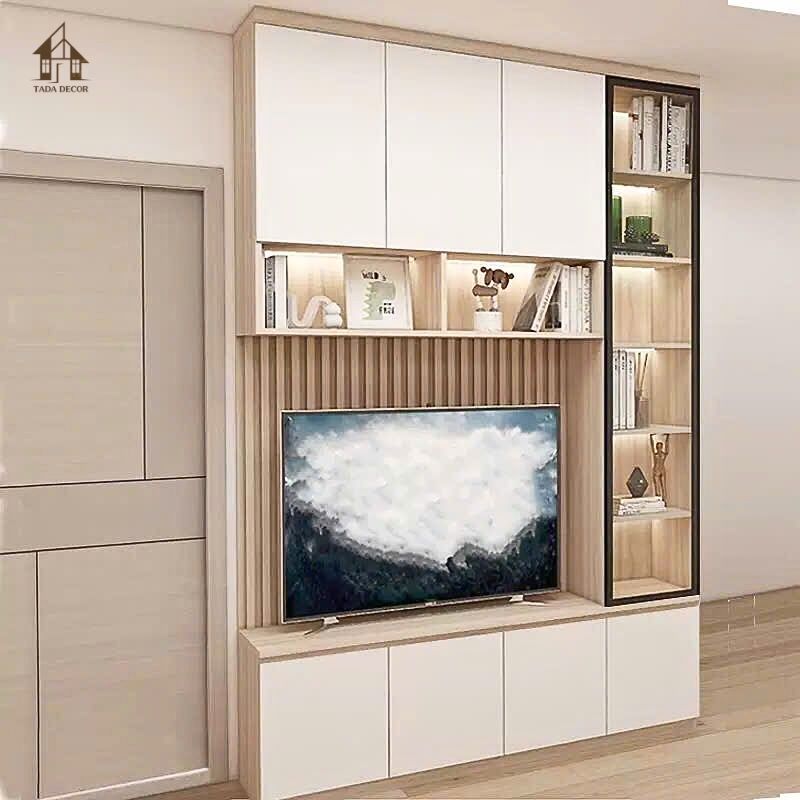 Không gian phòng khách nổi bật với combo kệ tivi và kệ trang trí CBPK607