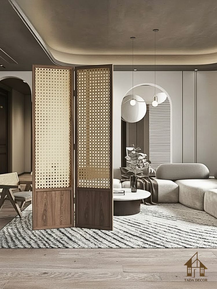 Vách mây mắt cáo phối gỗ VBP849 thiết kế cách điệu tinh tế trong không gian phòng khách