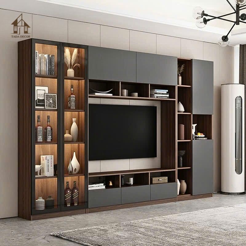 Chi tiết tủ trưng bày kính và kệ trang trí trong combo phòng khách CBPK608