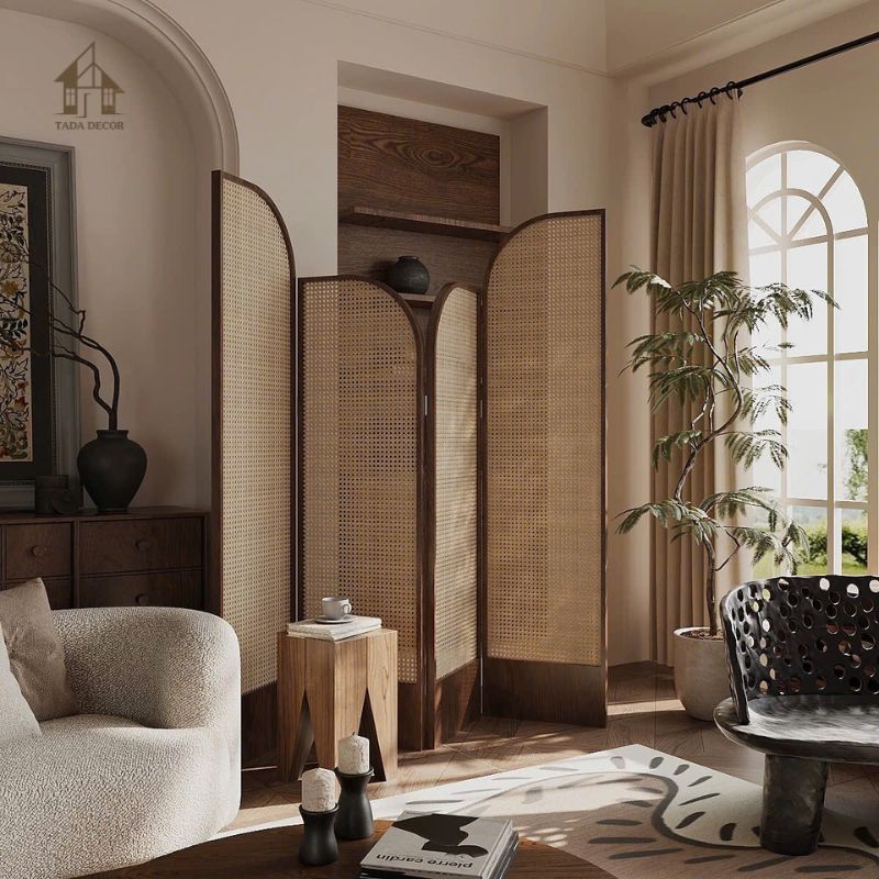 Không gian hiện đại trang trí với vách ngăn mây phối gỗ VBP609