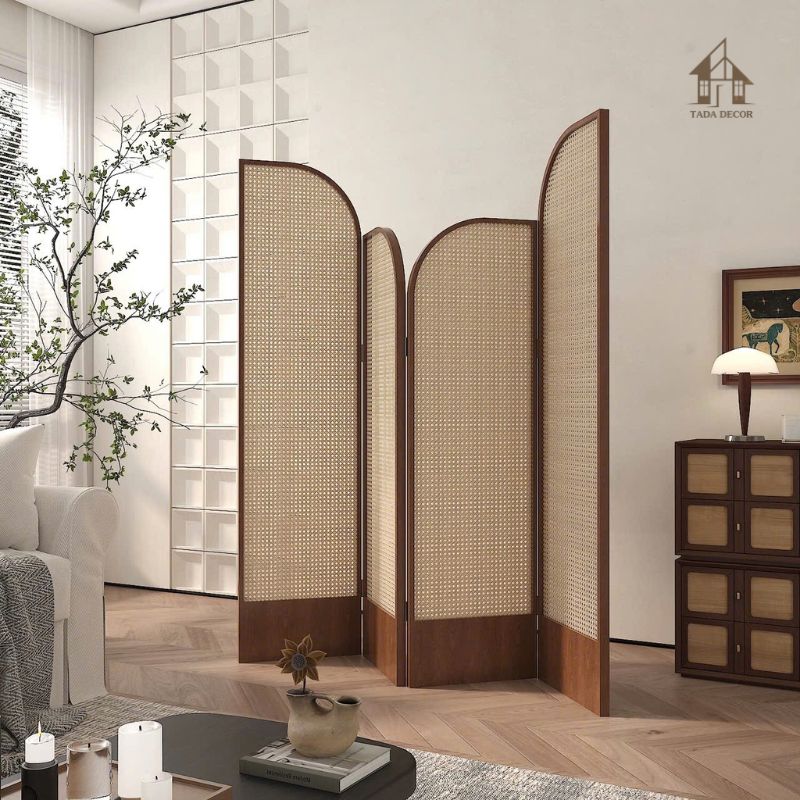 Vách mây mắt cáo phối gỗ xen mây VBP609 sang trọng trong phòng khách