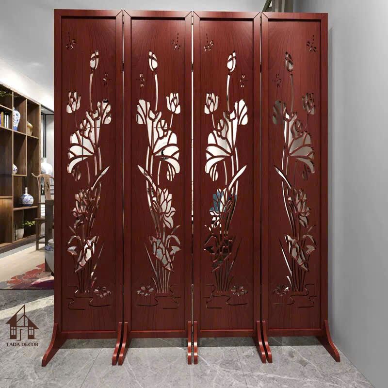 vách bình phong CNC hoa sen màu đỏ gụ VBP908 TADA Vietnam