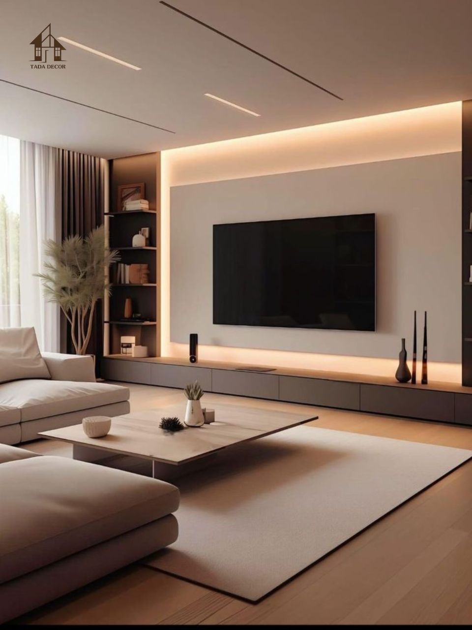 Bàn trà gỗ hiện đại tone màu tự nhiên phối cùng kệ tivi đồng bộ