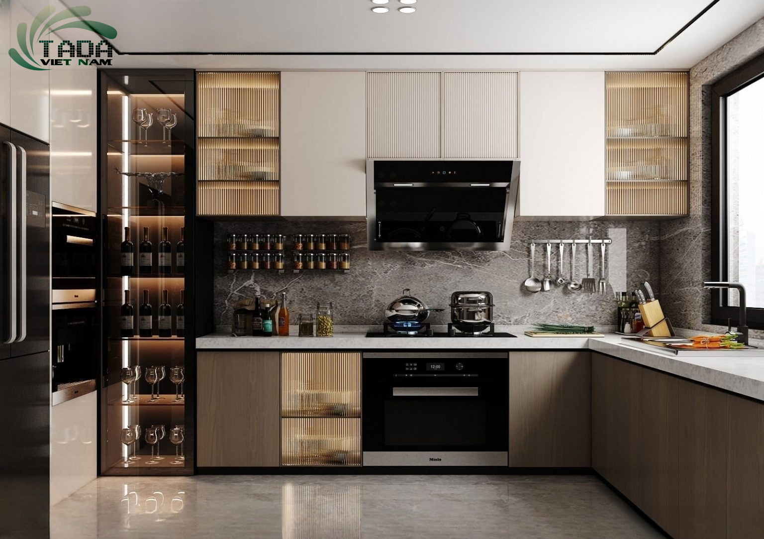 Tủ bếp kết hợp với tủ rượu thiết kế độc đáo tôn lên vẻ đẹp của căn bếp, thương hiệu TADA Việt Nam - TD3032