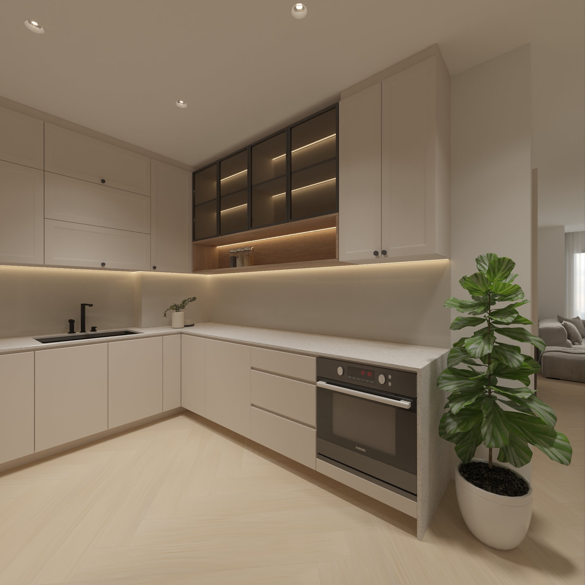 Tủ bếp và bàn bếp chữ L phù hợp với không gian phòng bếp