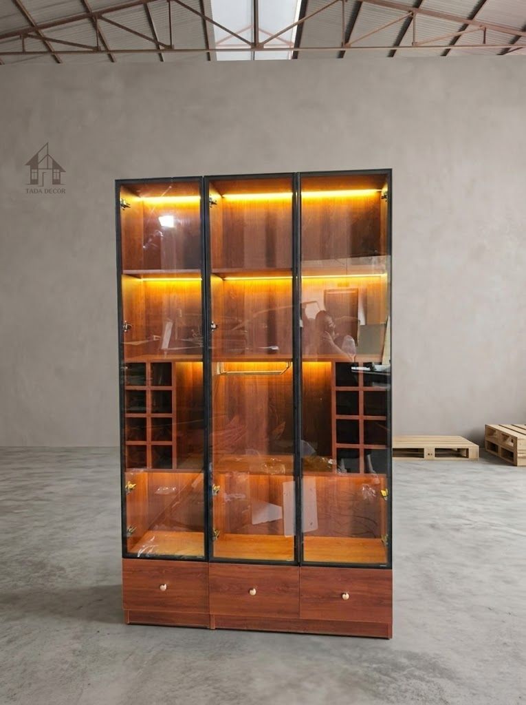Tủ rượu gỗ MDF cao cấp thiết kế 3 khoang trưng bày, kích thước tủ rượu chuẩn theo yêu cầu