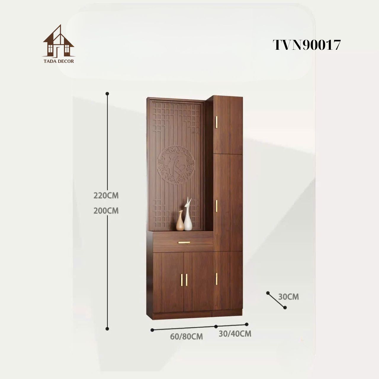 Tủ phối vách CNC TVN90017 kết hợp lưu trữ tiện lợi và trang trí sang trọng