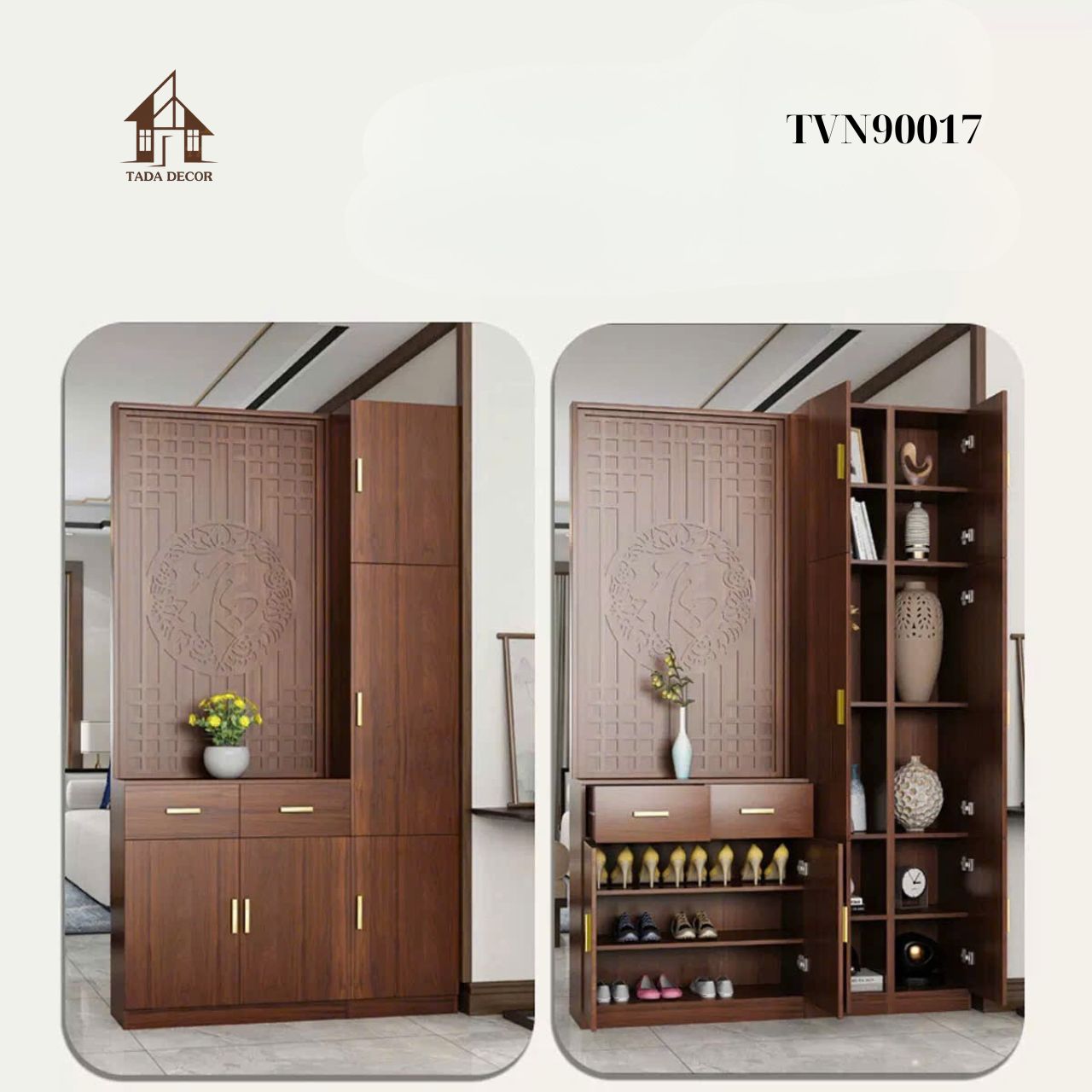 Chi tiết tủ phối vách CNC TVN90017 với đường cắt tinh xảo, hoa văn phong thủy ấn tượng