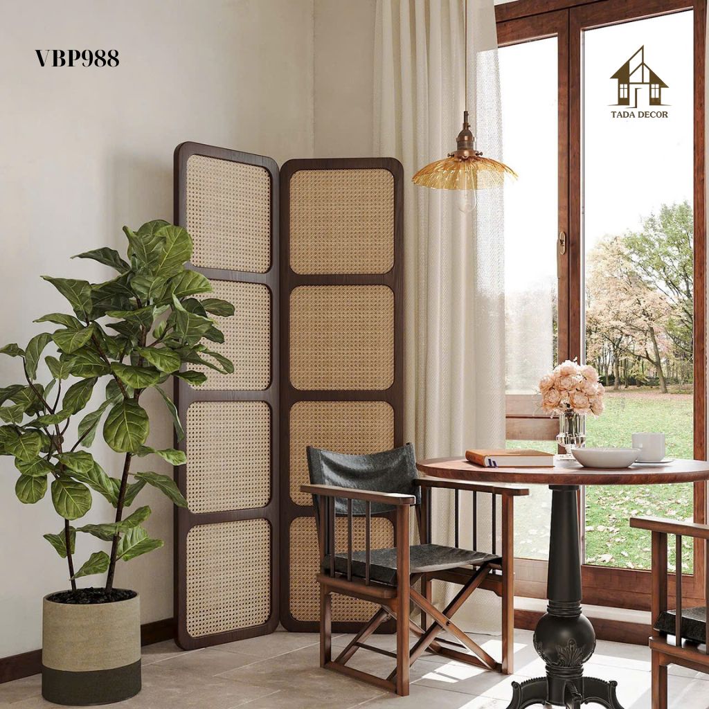 Vách ngăn mây mắt cáo VBP988 phối màu óc chó trầm ấm, phù hợp nhiều phong cách nội thất hiện đại và tối giản.