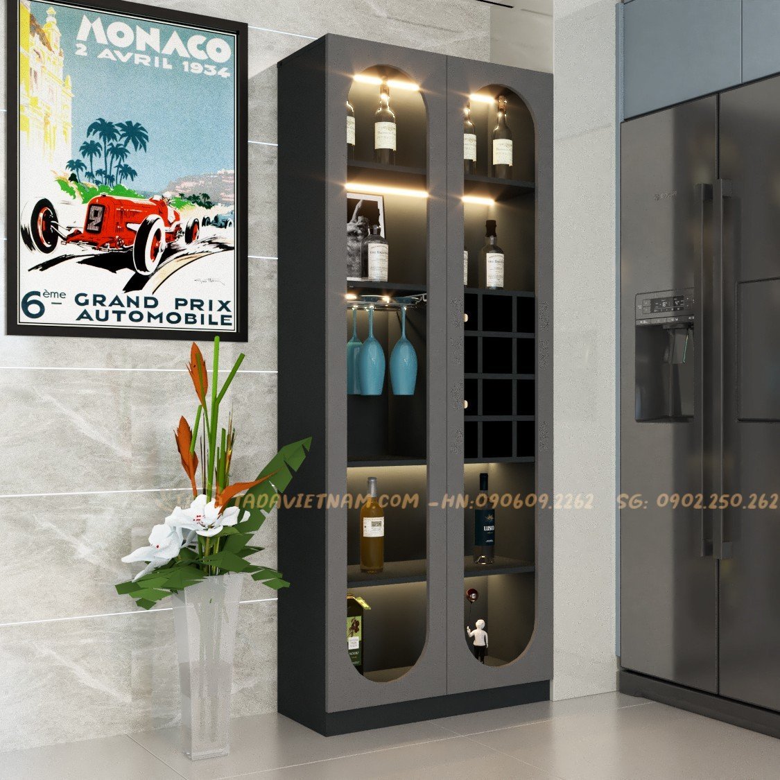 Tủ rượu cánh vòm , phòng khách đẹp, phong cách Italia chất liệu gỗ MDF thương hiệu TADA- TDTR16