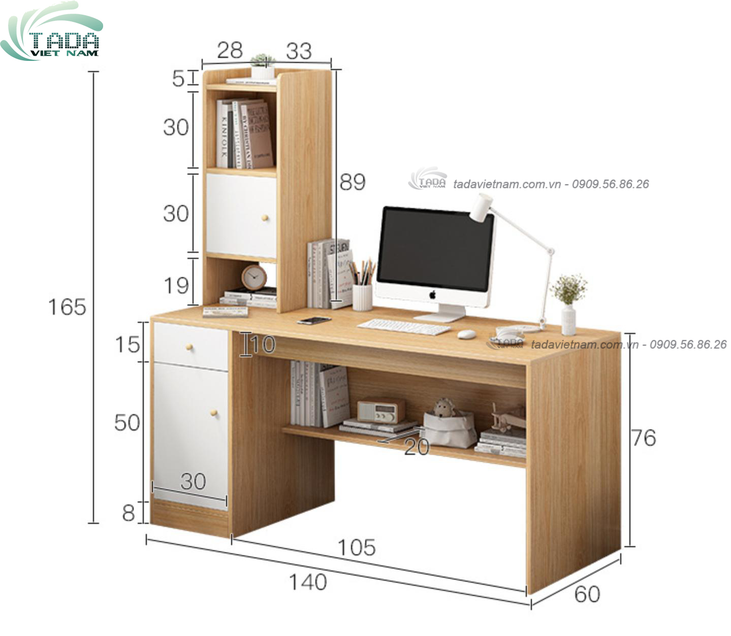 Bàn học kết hợp với tủ để sách nhỏ gọn ,chất liệu gỗ MDF thương hiệu TADA VIỆT NAM- TDBH17