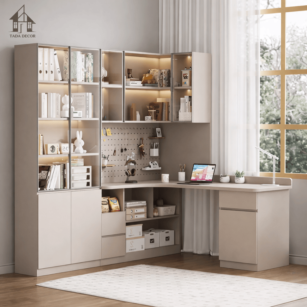 Bàn học chữ L kèm tủ chứa đồ tiện lợi TADA