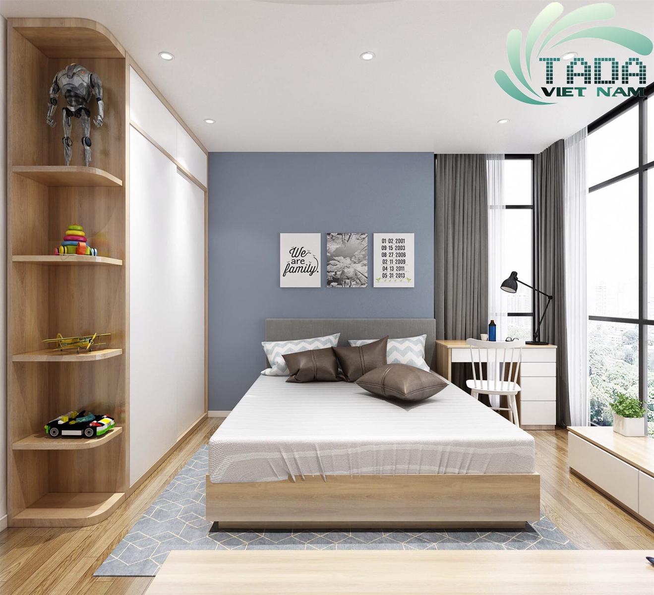 THIẾT KẾ PHÒNG NGỦ VỚI TÔNG MÀU VÀNG VÂN GỖ SỒI LÀM CHỦ ĐẠO