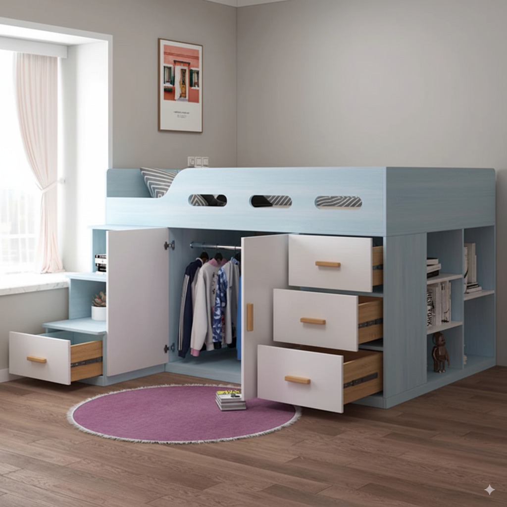 Giường tầng trẻ em tích hợp tủ quần áo và kệ sách TD-102