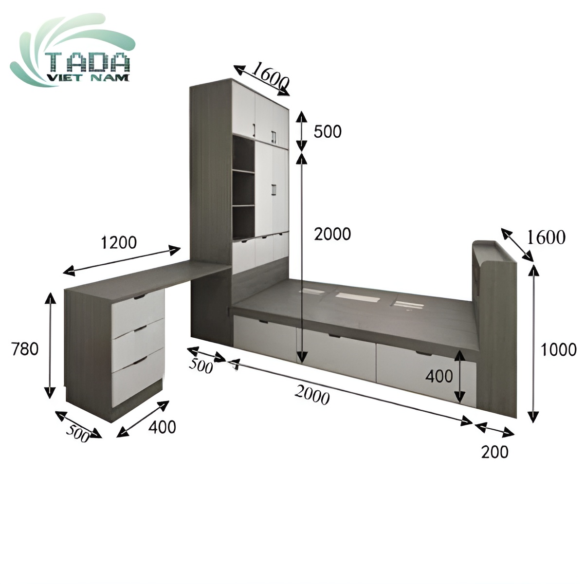 Giường tủ kết hợp bàn làm việc hiện đại Tada Việt Nam TD3190