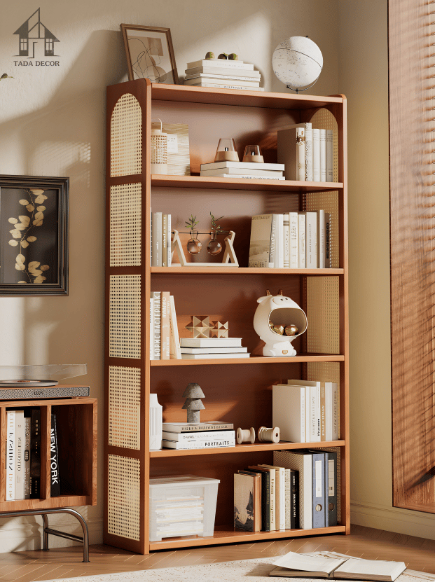 kệ sách gỗ mdf phối mây hiện đại TADA