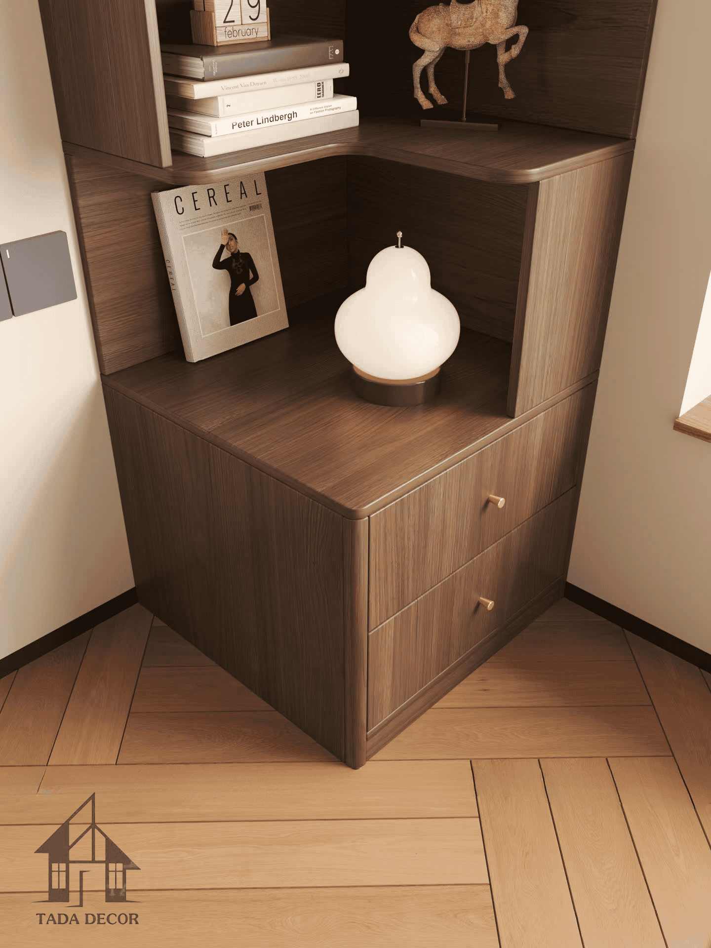 Kệ sách gỗ mdf góc tường có ngăn kéo để đồ đa năng TADA