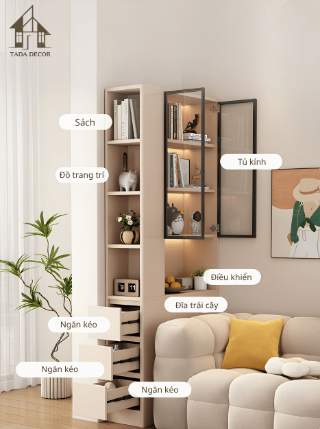 kệ sách có tủ kính đa năng cho phòng khách TADA