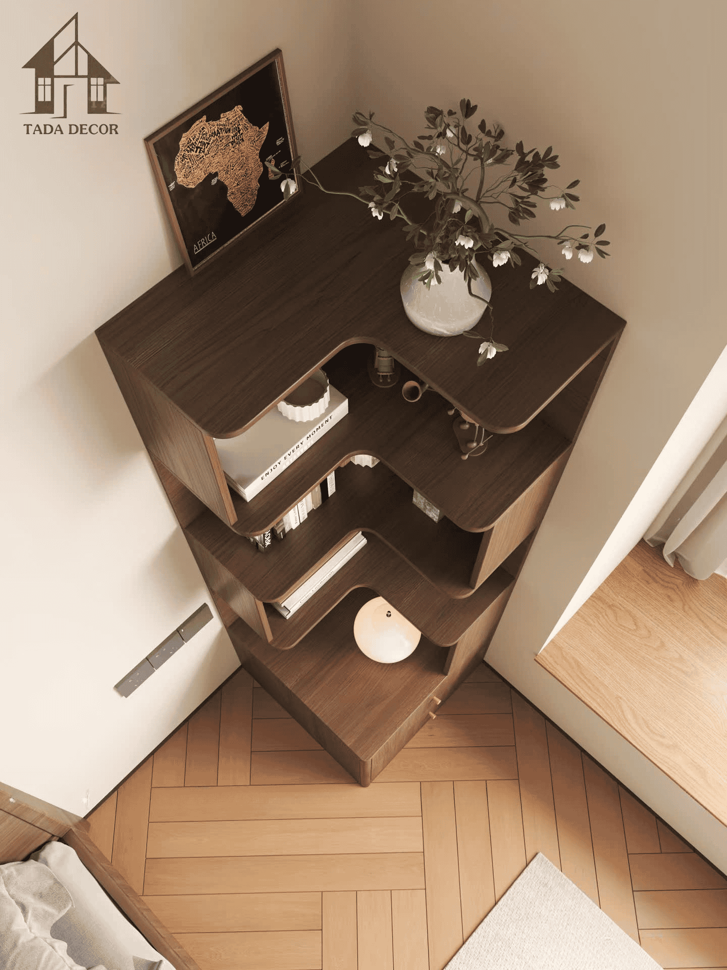 Kệ sách gỗ mdf góc tường có ngăn kéo để đồ đa năng TADA
