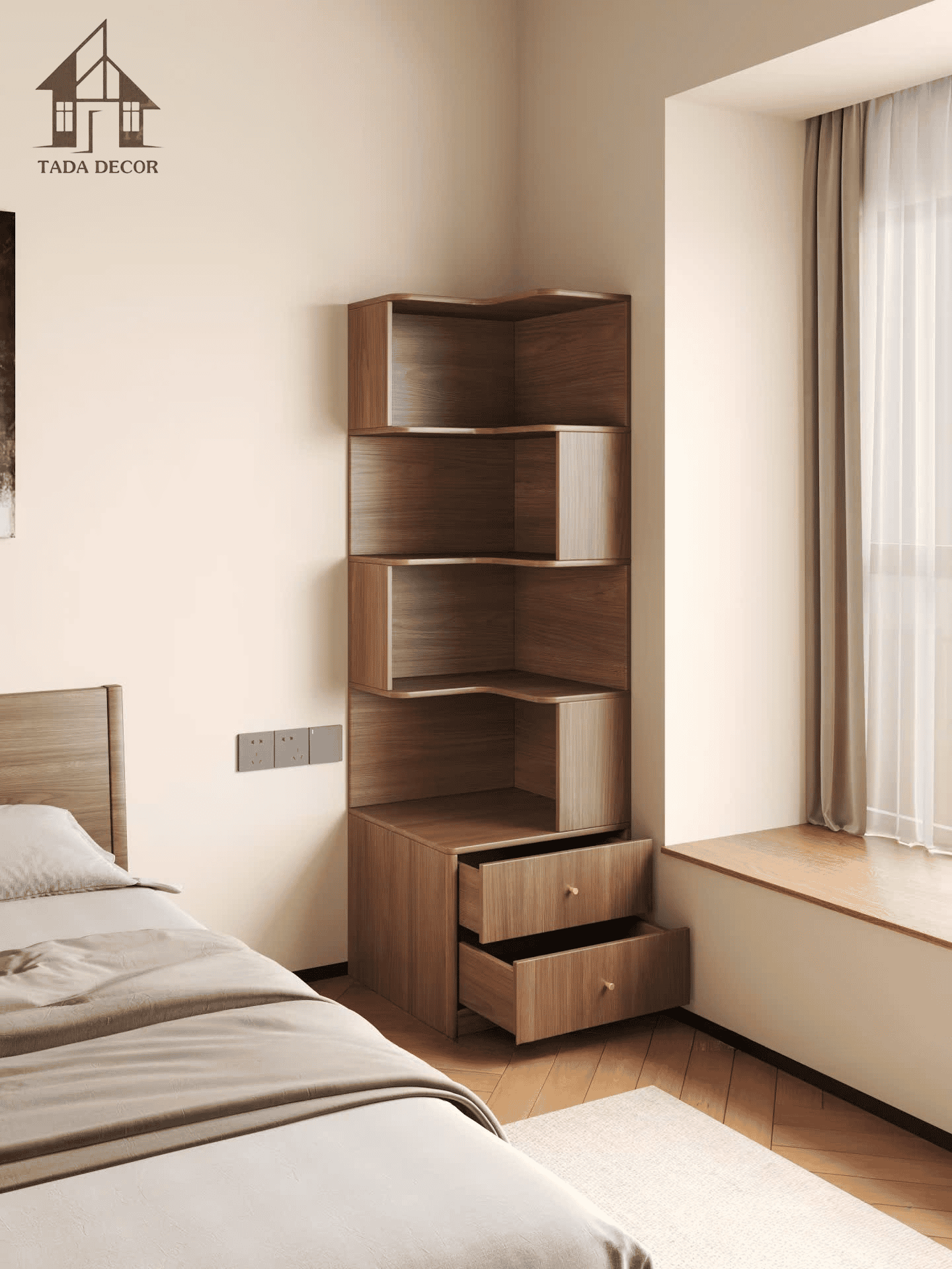 Kệ sách gỗ mdf góc tường có ngăn kéo để đồ đa năng TADA