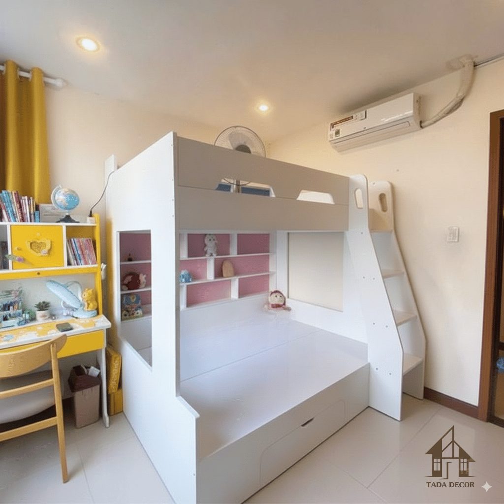 Giường 2 tầng kết hợp kệ trang trí TD500 – Giải pháp tiết kiệm không gian từ Nội thất TADA