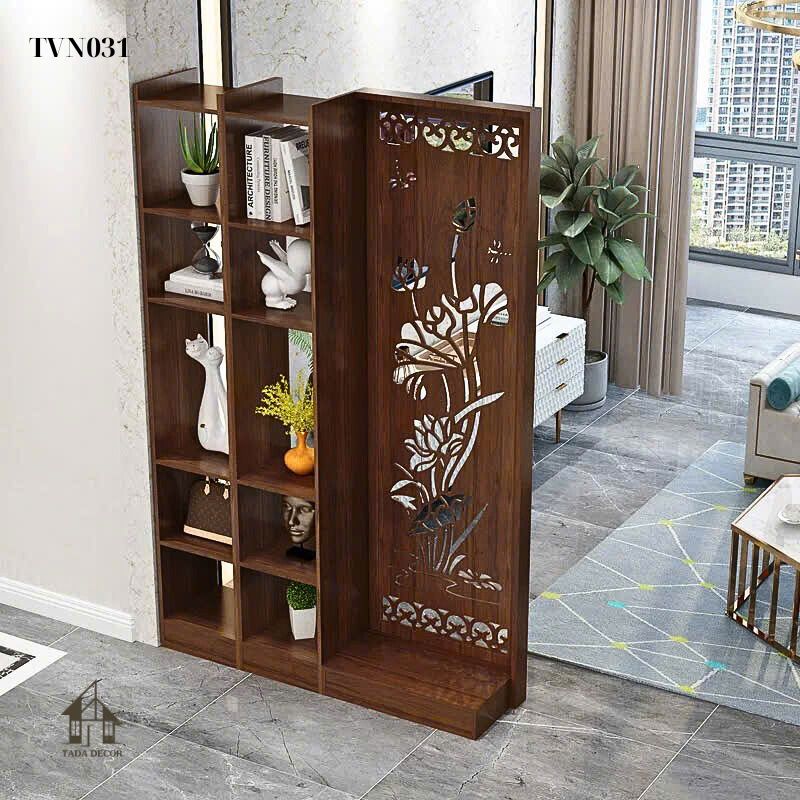 Mẫu tủ ngăn hoa sen CNC TVN031 – thiết kế phong thủy cho phòng khách hiện đại.