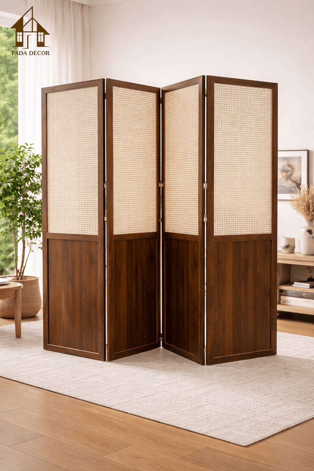 Vách ngăn phòng gỗ MDF phối mây hiện đại