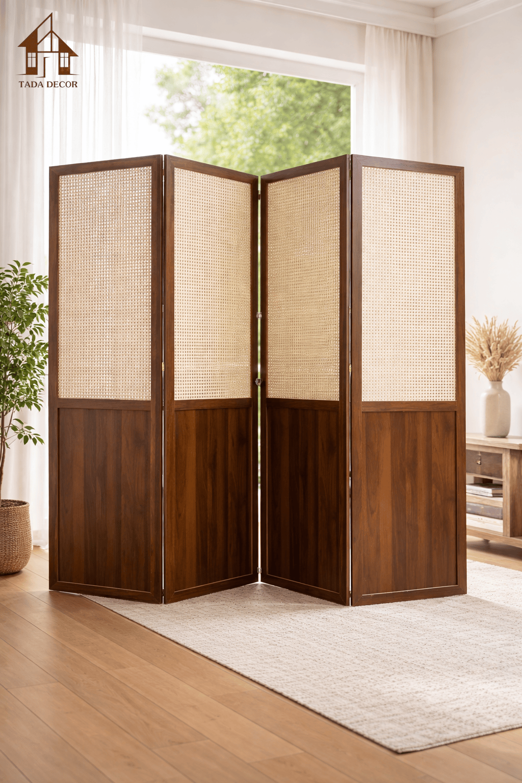 Vách ngăn phòng gỗ MDF phối mây hiện đại