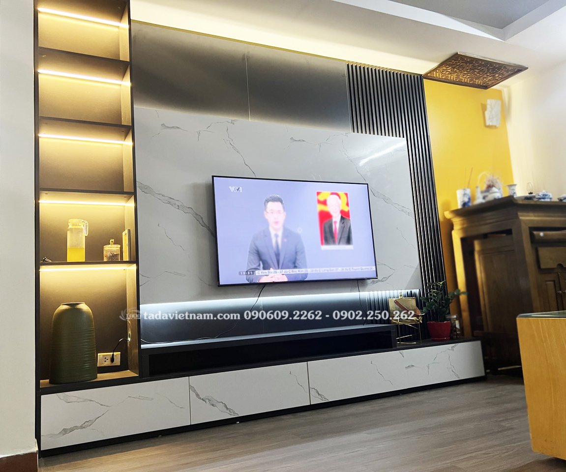 Combo phòng khách kệ tivi kết hợp mảng tường theo phong cách hiện đại cho mọi gia đình